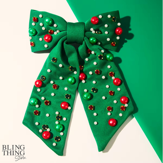 Christmas Noël Luxe Pearl Bow Hair Clip - Green