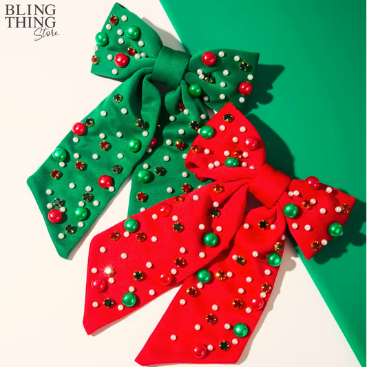 Christmas Noël Luxe Pearl Bow Hair Clip - Red