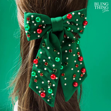 Christmas Noël Luxe Pearl Bow Hair Clip - Green