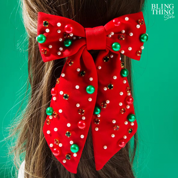 Christmas Noël Luxe Pearl Bow Hair Clip - Red