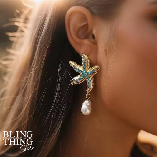 Blue Starfish Pearl Danglers